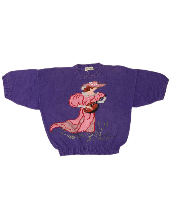 Vintage Womens Crop Crew Neck Jumper Sweater UK 12 Medium Purple Retro