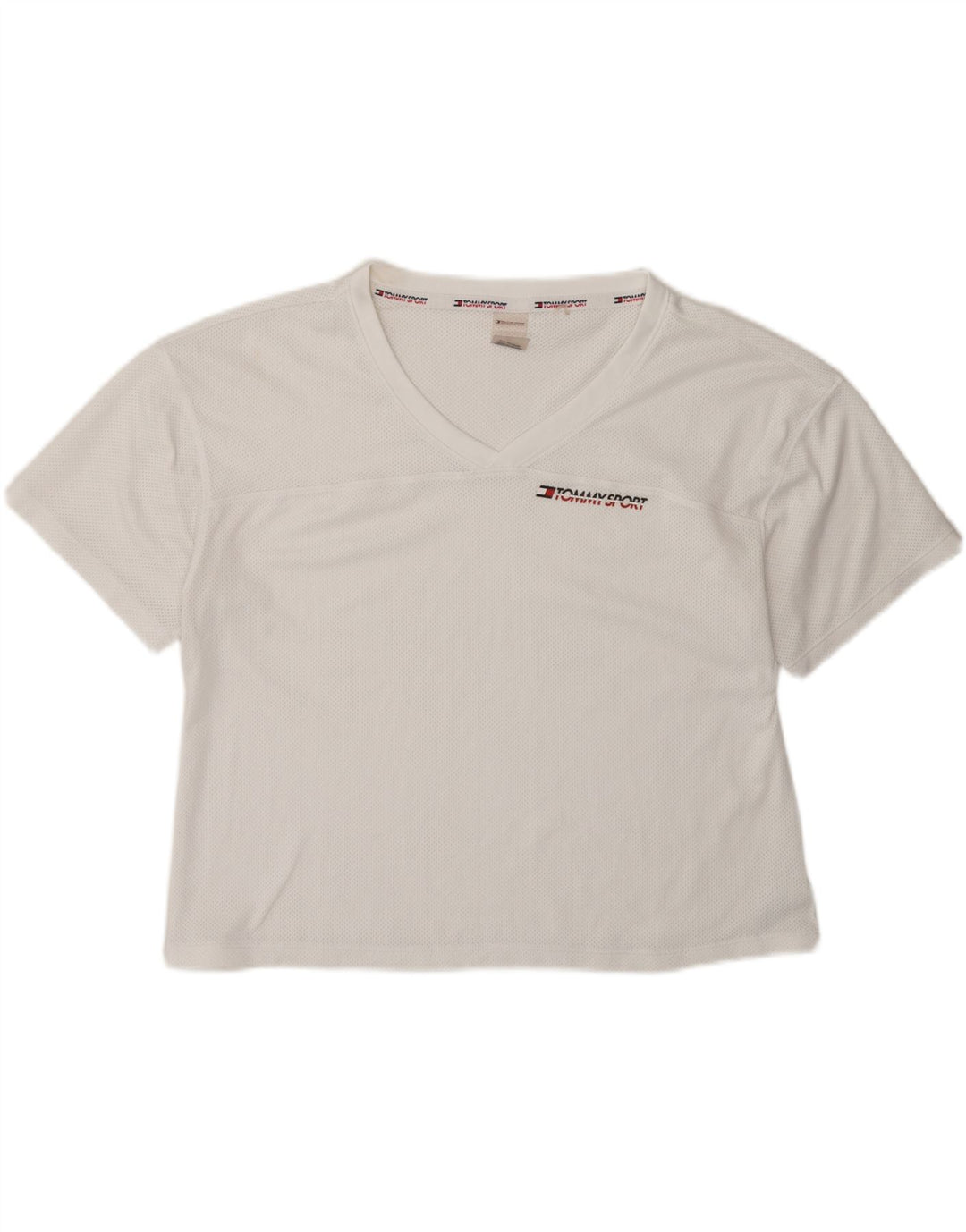 TOMMY HILFIGER Womens Crop T-Shirt Top UK 14 Medium White Polyester Vintage Tommy Hilfiger and Second-Hand Tommy Hilfiger from Messina Hembry 