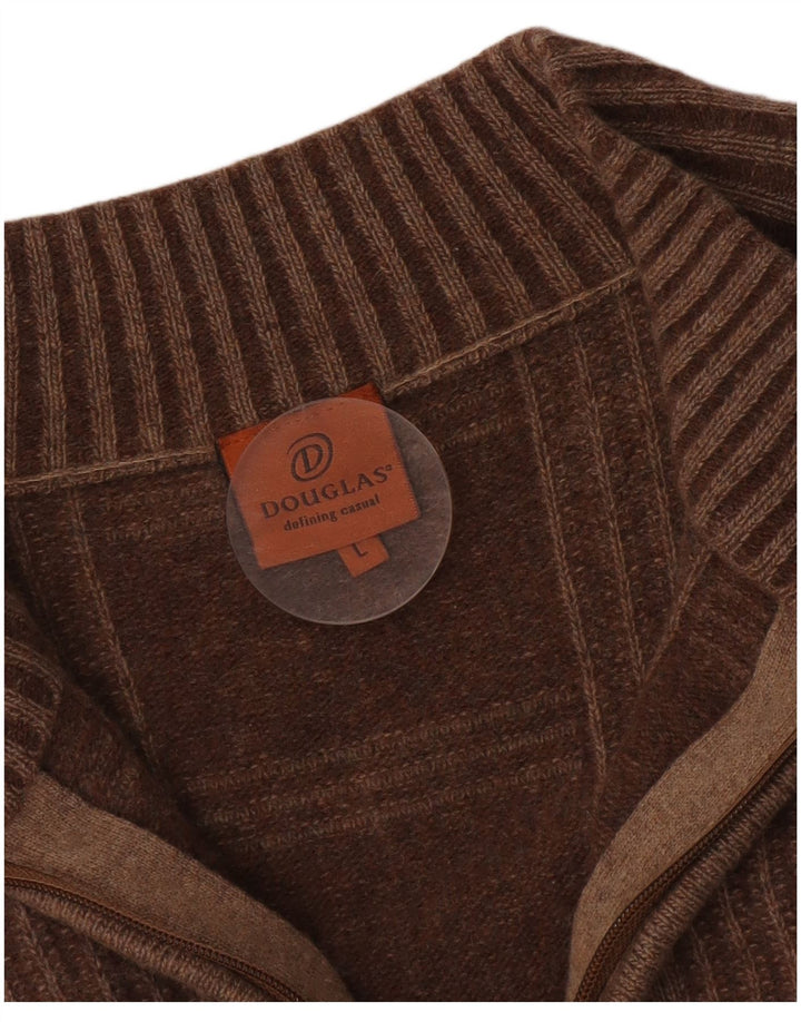 Douglas Mens Zip Neck Jumper Sweater Large Brown Geometric