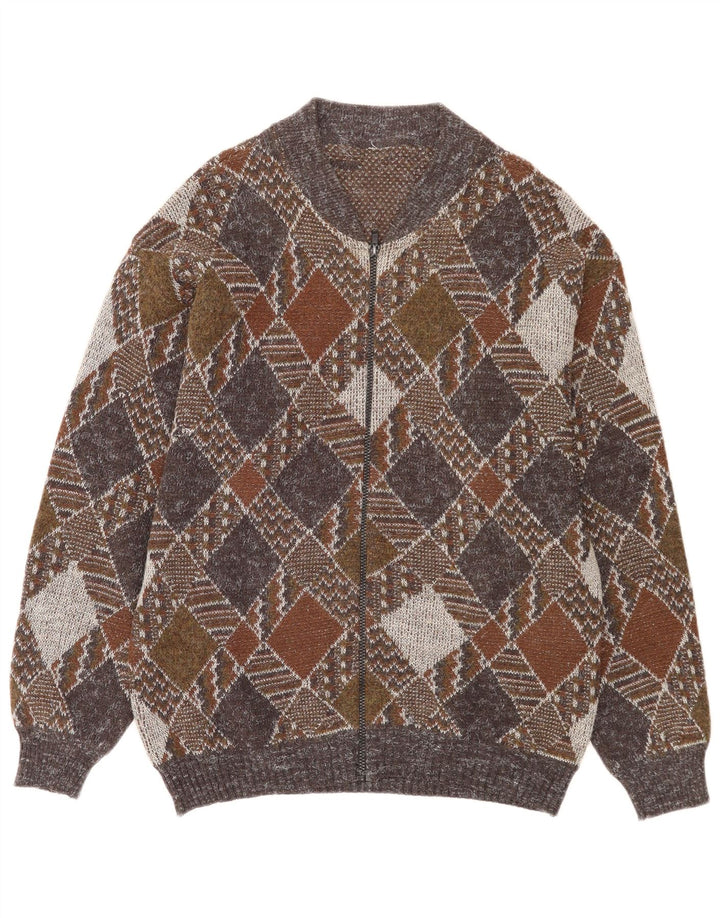 Vintage Mens Full Zip Cardigan Sweater Medium Multicoloured Argyle/Diamond