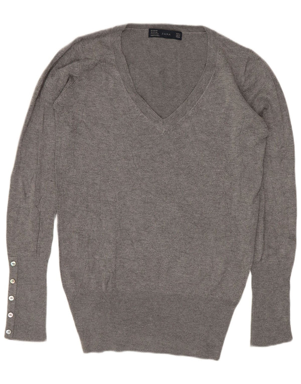 Zara Womens V-Neck Jumper Sweater UK 12 Medium Grey Rayon