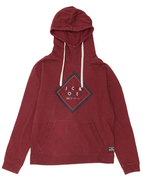 JACK & JONES Mens Graphic Hoodie Jumper Large Burgundy Cotton