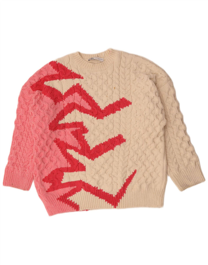 Zara Womens Crew Neck Jumper Sweater UK 14 Medium Off White Polyester