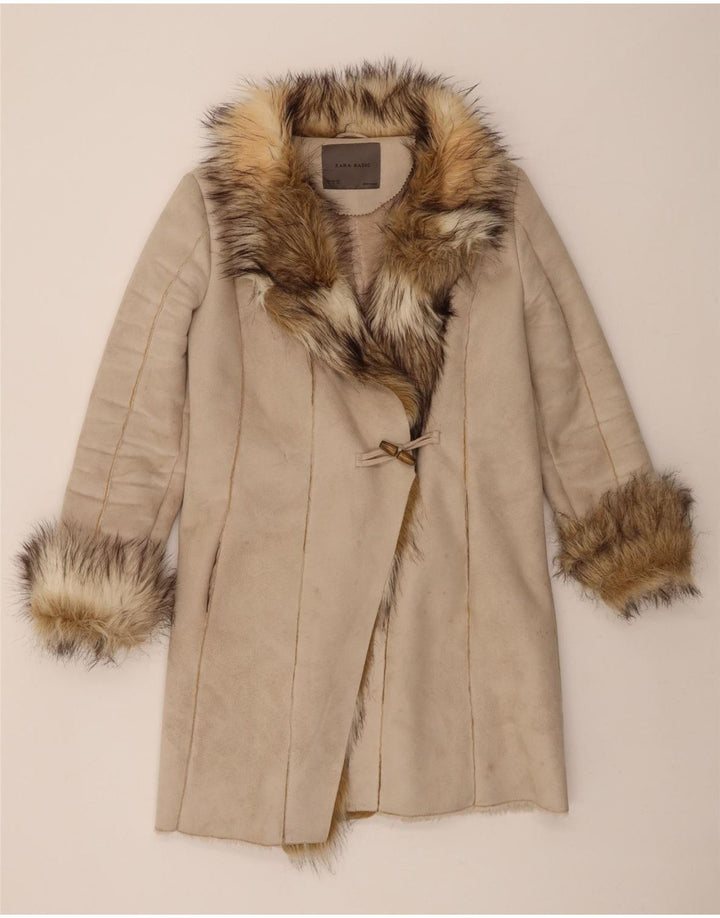ZARA Womens Oversized Sherpa Overcoat UK 10 Small Beige Polyester