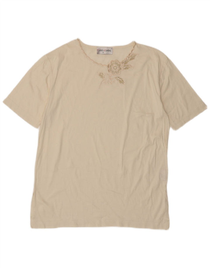 VINTAGE Womens T-Shirt Top EU 38 Medium Off White Floral Cotton