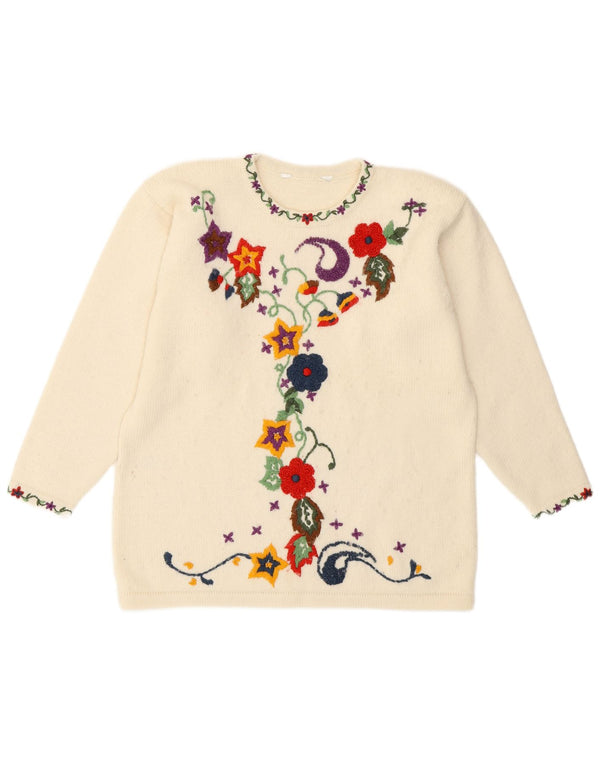 Vintage Womens Crew Neck Jumper Sweater UK 16 Large Off White Floral