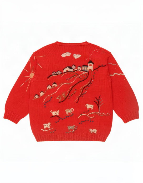 Vintage Womens Graphic Boat Neck Jumper Sweater UK 16 Large Red