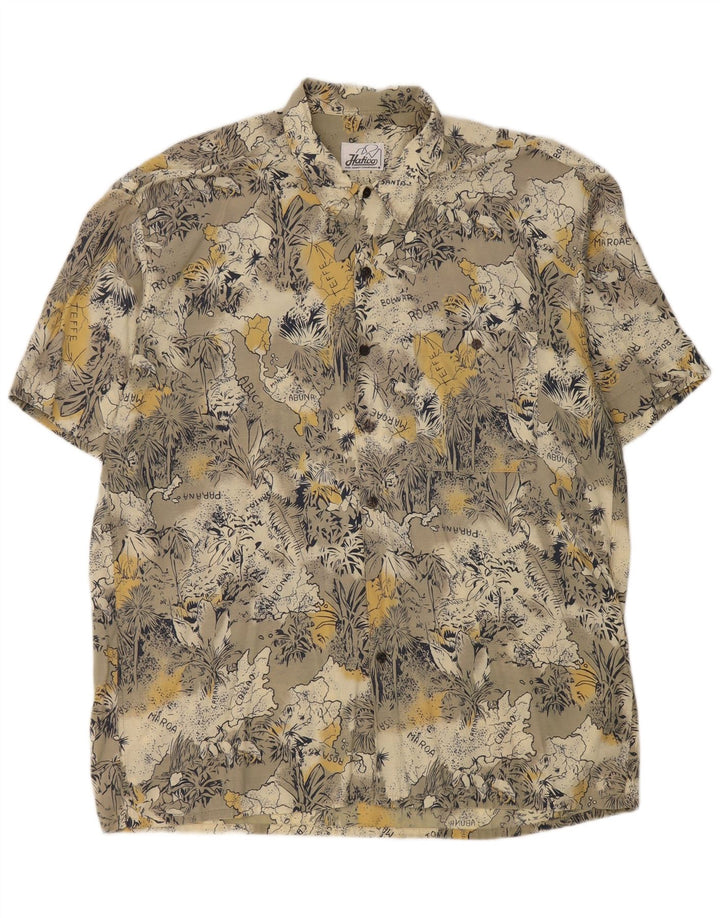Vintage Mens Abstract Pattern Short Sleeve Shirt Large Grey