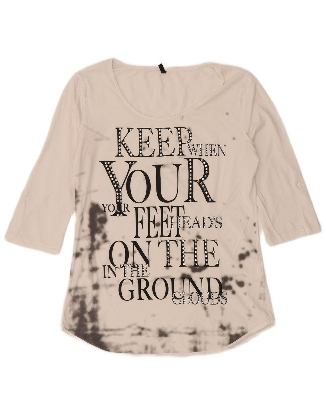 BENETTON Womens Graphic Top 3/4 Sleeve UK 12 Medium White