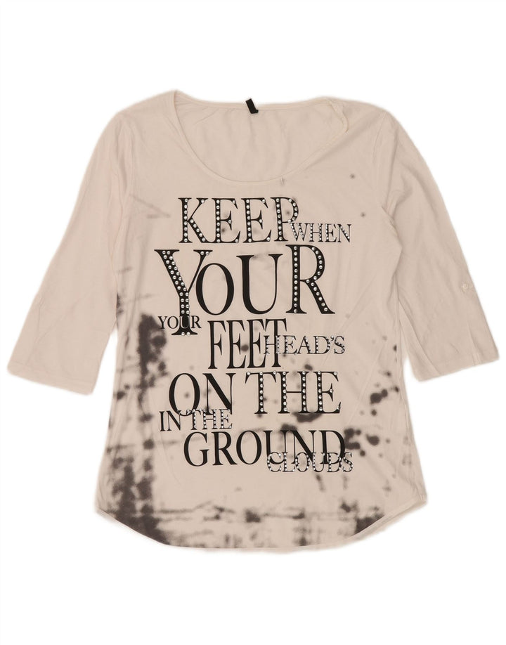 BENETTON Womens Graphic Top 3/4 Sleeve UK 12 Medium White