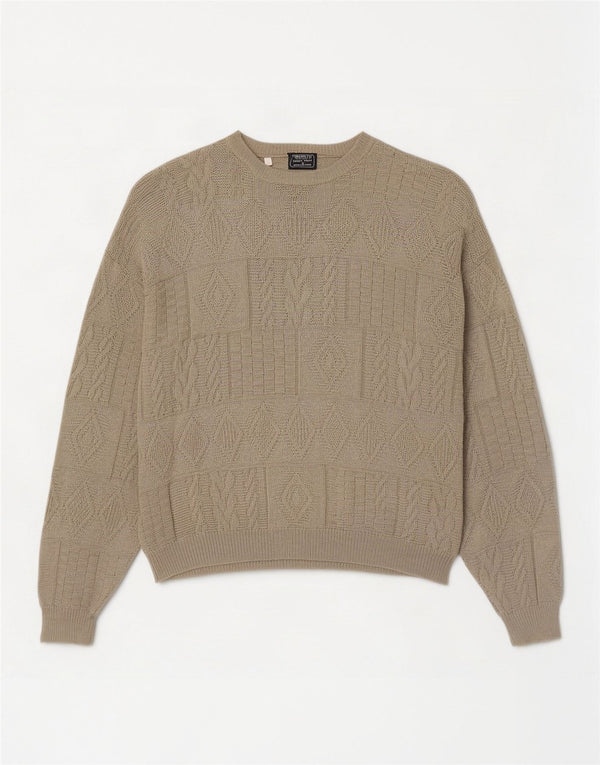 Vintage Mens Loose Fit Boat Neck Jumper Sweater Small Khaki Geometric