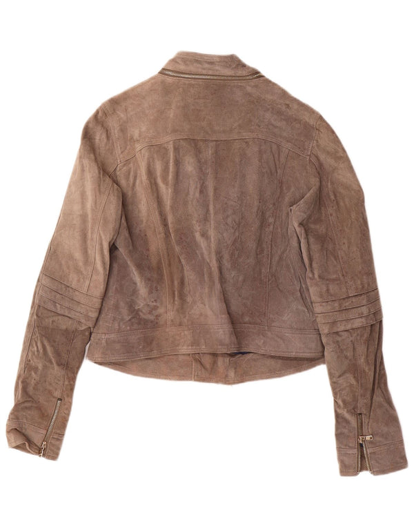 LIU JO Womens Crop Suede Biker Jacket IT 46 Large Beige Leather