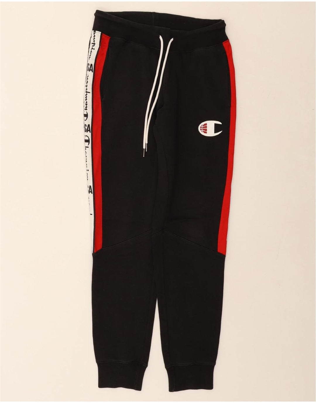 CHAMPION Mens Graphic Tracksuit Trousers Joggers Small  Black Colourblock