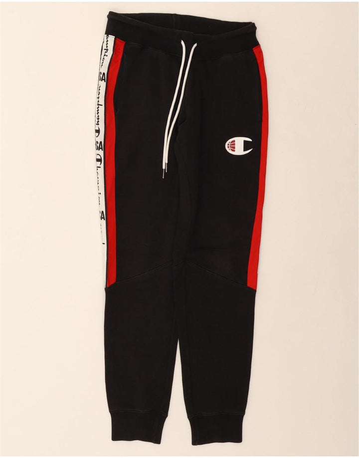 CHAMPION Mens Graphic Tracksuit Trousers Joggers Small  Black Colourblock