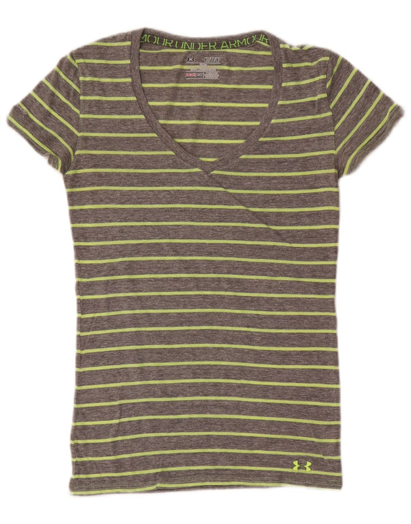 Under Armour Womens Heat Gear T-Shirt Top UK 4 XS Grey Striped Cotton