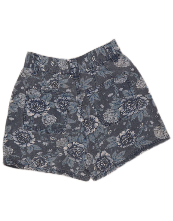 VINTAGE Girls High Waist Denim Shorts 9-10 Years W26  Navy Blue Floral