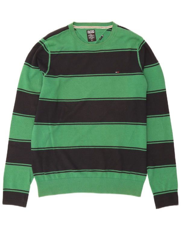 Tommy Hilfiger Mens Crew Neck Jumper Sweater Large Green Striped Cotton
