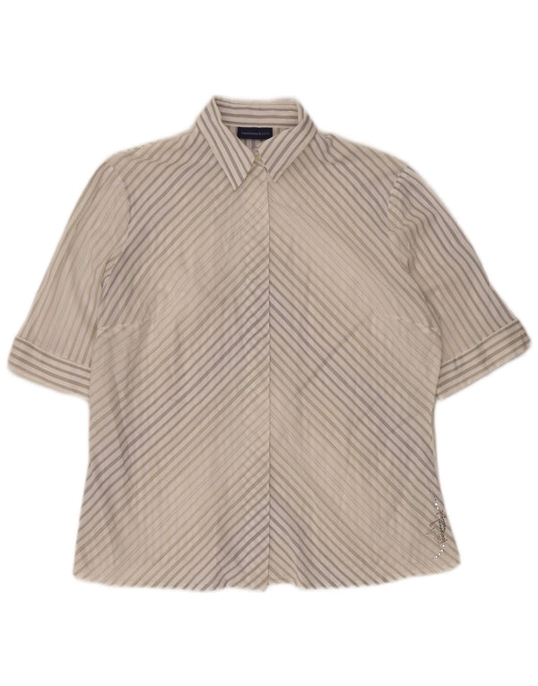 TRUSSARDI JEANS Womens Short Sleeve Shirt Blouse UK 22 3XL White Pinstripe