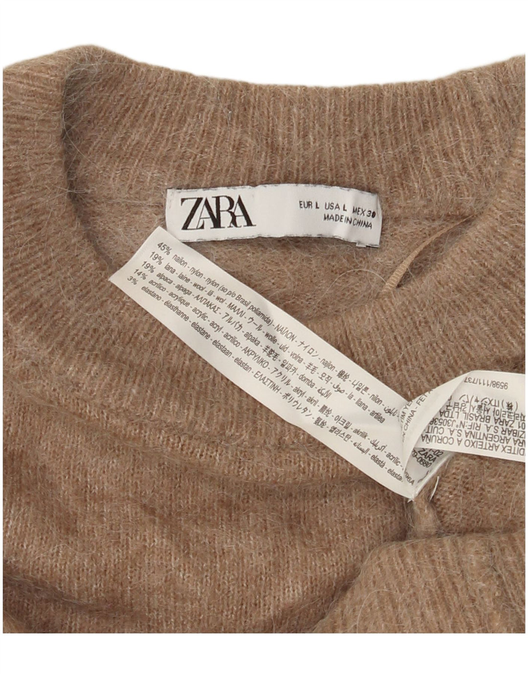ZARA Womens Crop Crew Neck Jumper Sweater UK 16 Large Brown Nylon