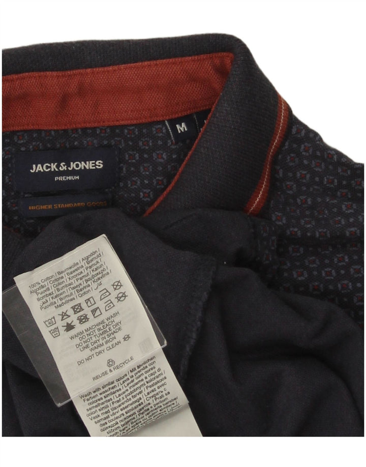 JACK & JONES Mens Premium Polo Shirt Medium Navy Blue Geometric Cotton