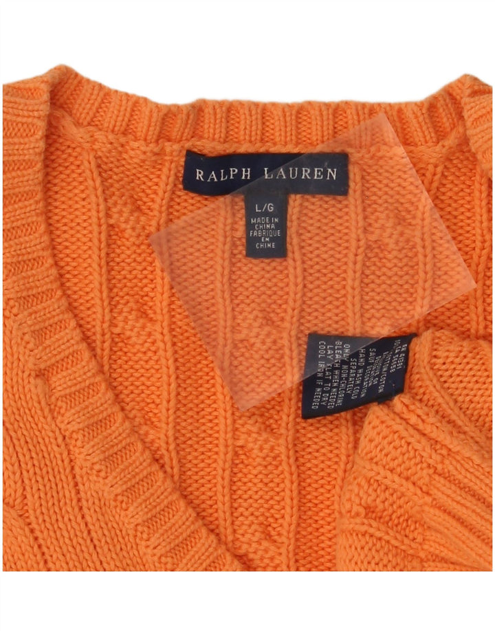 RALPH LAUREN Womens V-Neck Jumper Sweater UK 14 Large Orange Cotton