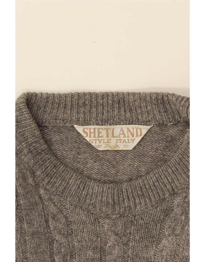 Vintage Mens Crew Neck Jumper Sweater Medium Grey Geometric Wool