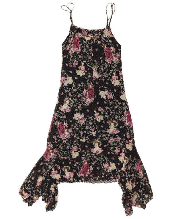 Vintage Womens Sleeveless Asymmetrical Dress UK 8 Small Black Floral