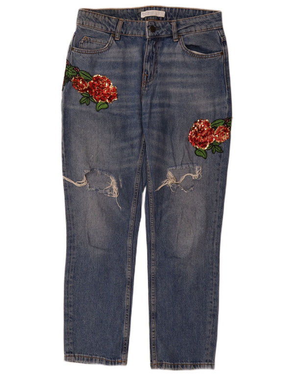 Zara Womens Distressed Straight Jeans EU 36 XS W26 L29 Blue Floral Cotton