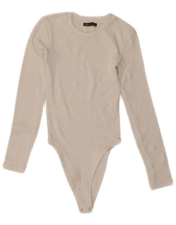 ZARA Womens Long Sleeve Bodysuit UK 8 Small White Cotton