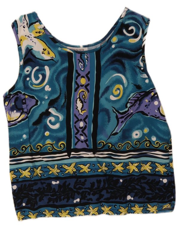 Vintage Womens Crop Abstract Pattern Blouse Top UK 12 Medium Blue