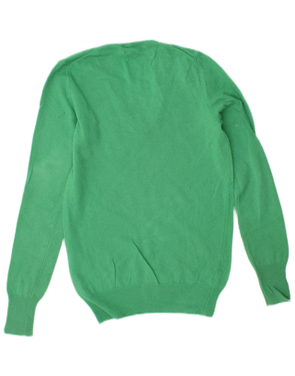 BENETTON Womens V-Neck Jumper Sweater UK 6 XS Green Virgin Wool