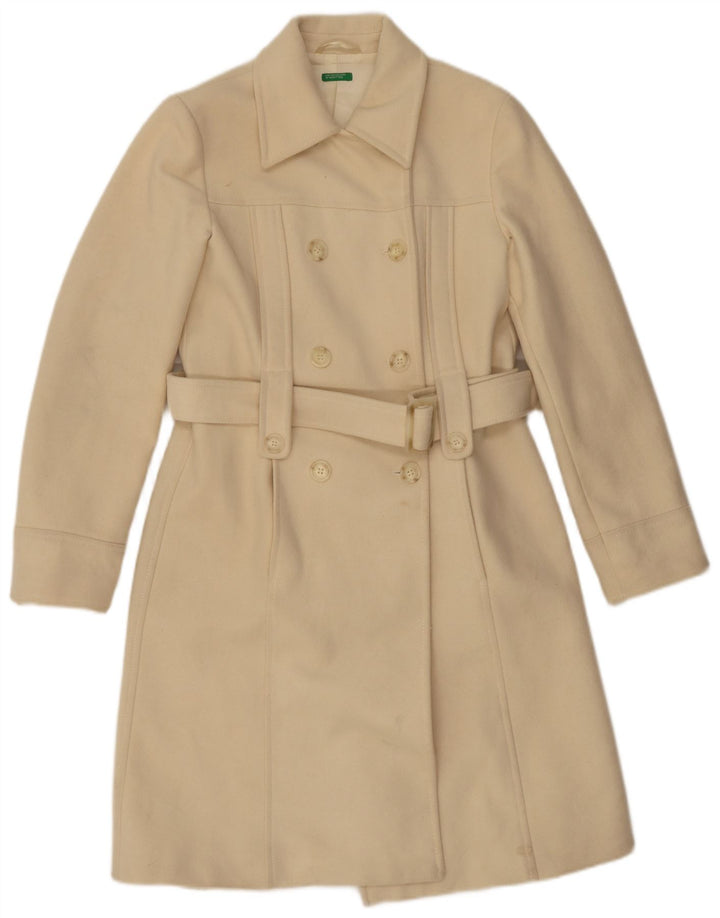 Benetton Womens Double Breasted Coat IT 44 Medium Off White Wool