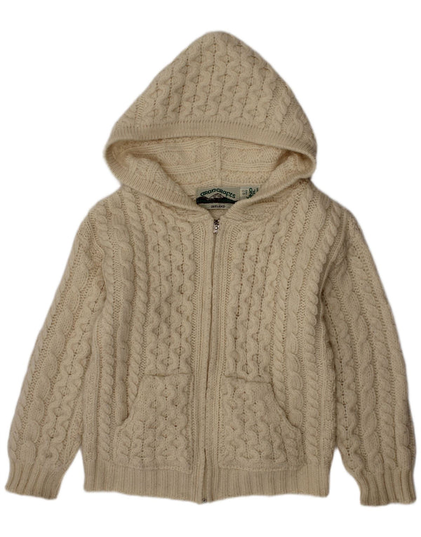 ARAN CRAFTS Girls Hooded Cardigan Sweater 6-7 Years Off White Merino Wool