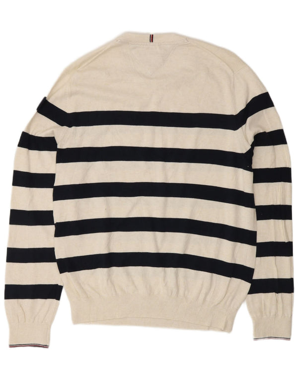 TOMMY HILFIGER Mens Crew Neck Jumper Sweater Large Off White Striped