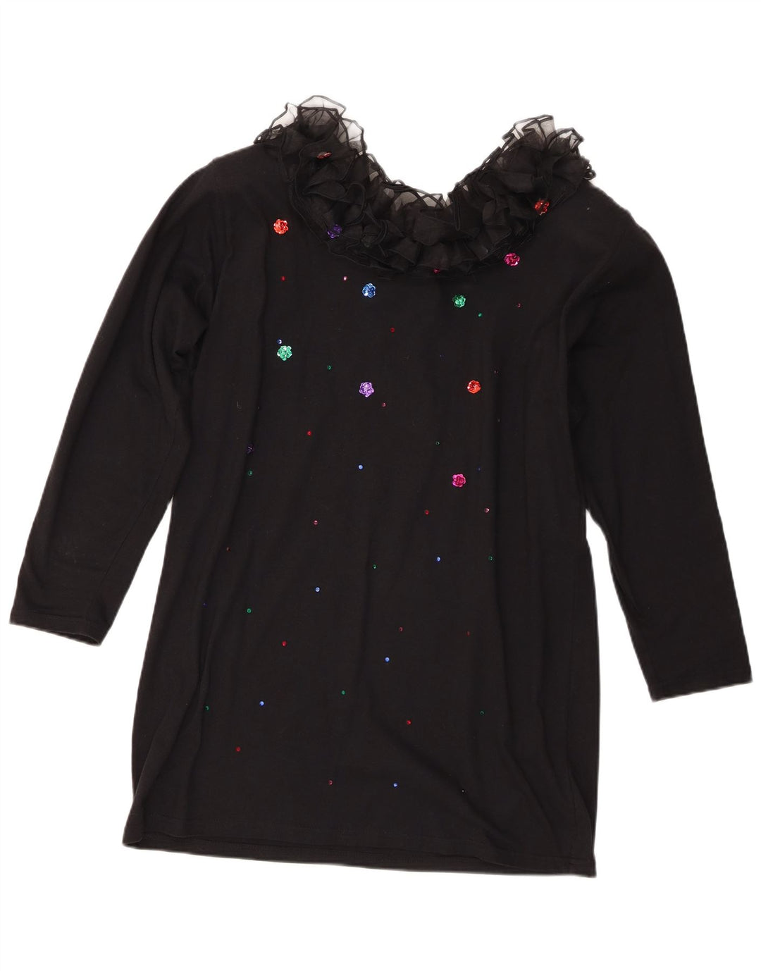 Vintage Womens Ruffle Front Long Sleeve Tunic Top UK 16 Large Black Cotton