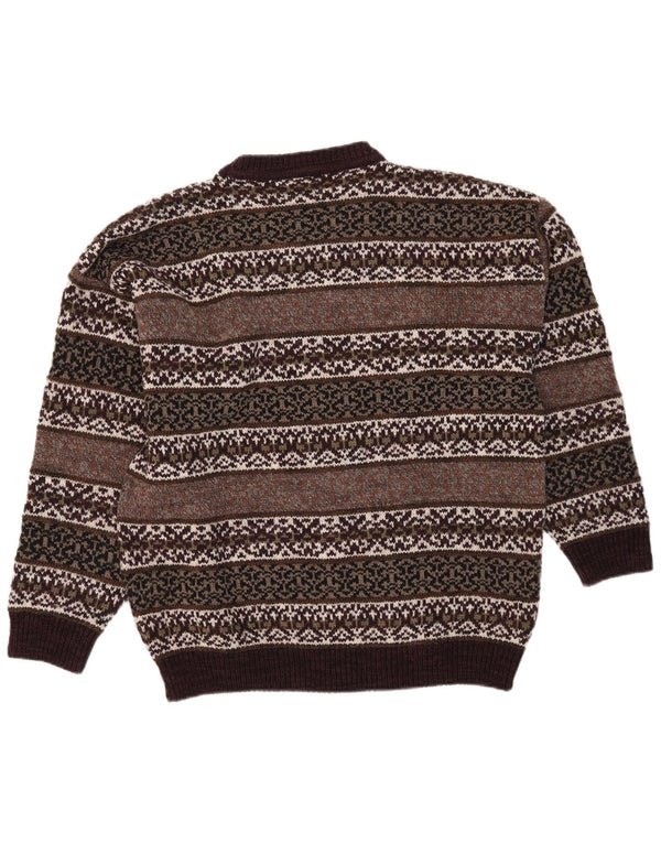 NANI BON Mens Crew Neck Jumper Sweater Large Brown Fair Isle Wool