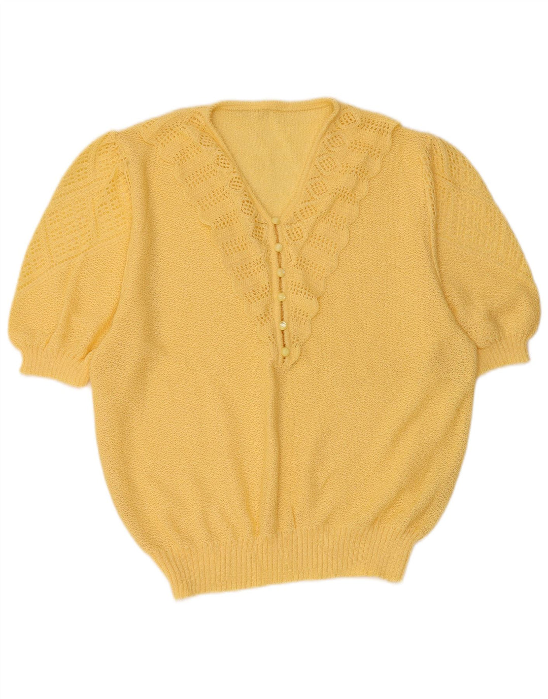 VINTAGE Womens Short Sleeve V-Neck Jumper Sweater UK 16 Large Yellow