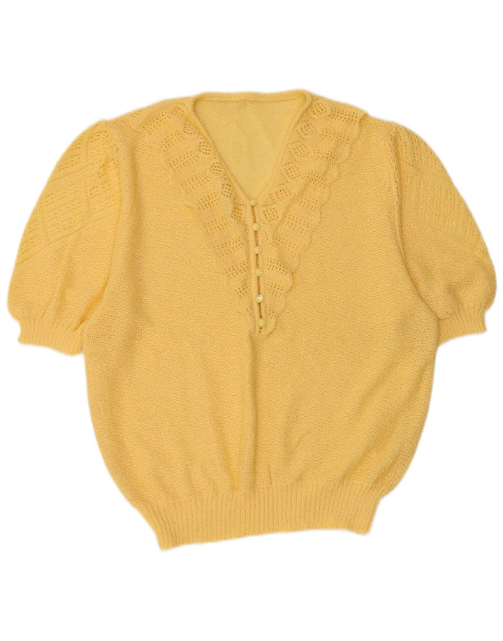 VINTAGE Womens Short Sleeve V-Neck Jumper Sweater UK 16 Large Yellow