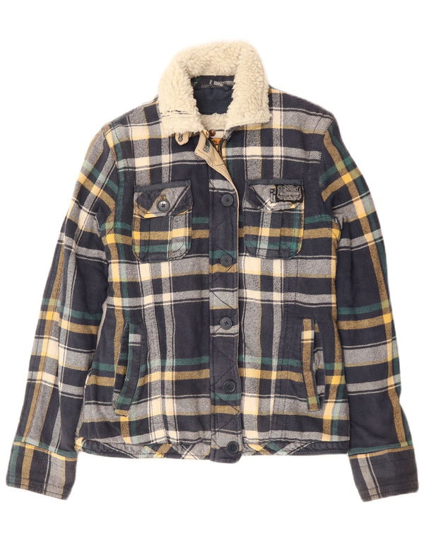 Superdry Womens Sherpa Jacket UK 14 Medium Navy Blue Check Cotton