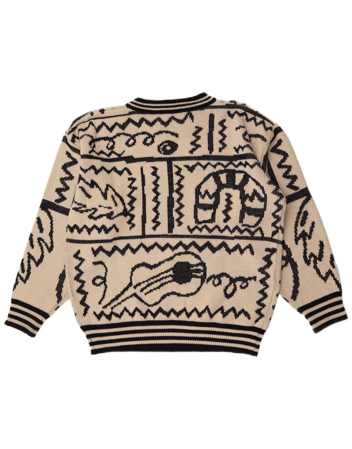 Vintage Mens Abstract Pattern Crew Neck Jumper Sweater Large Beige