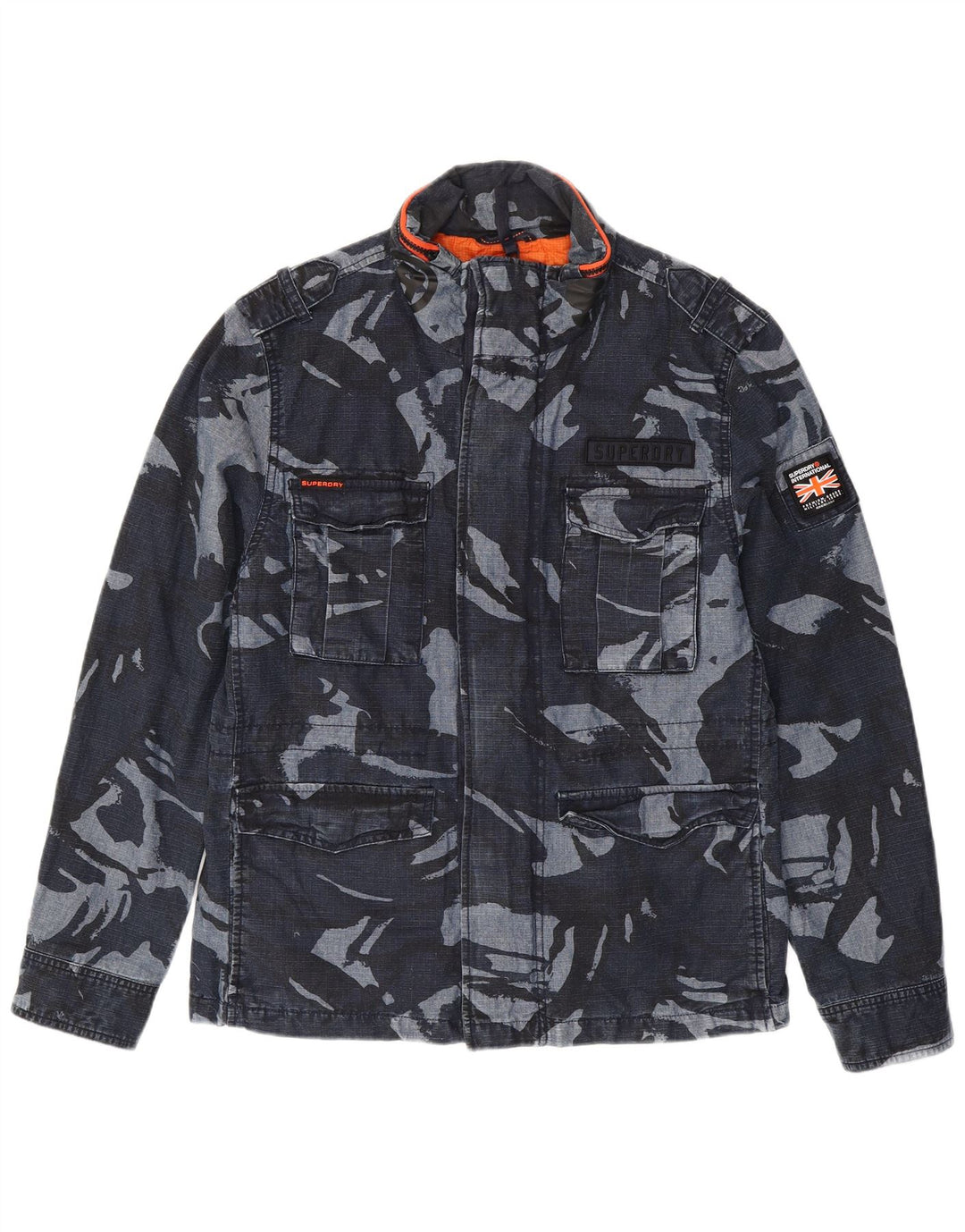 SUPERDRY Mens Military Jacket UK 40 Large Navy Blue Camouflage Cotton