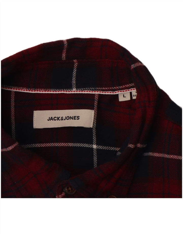 JACK & JONES Mens Flannel Shirt Large Burgundy Check Cotton