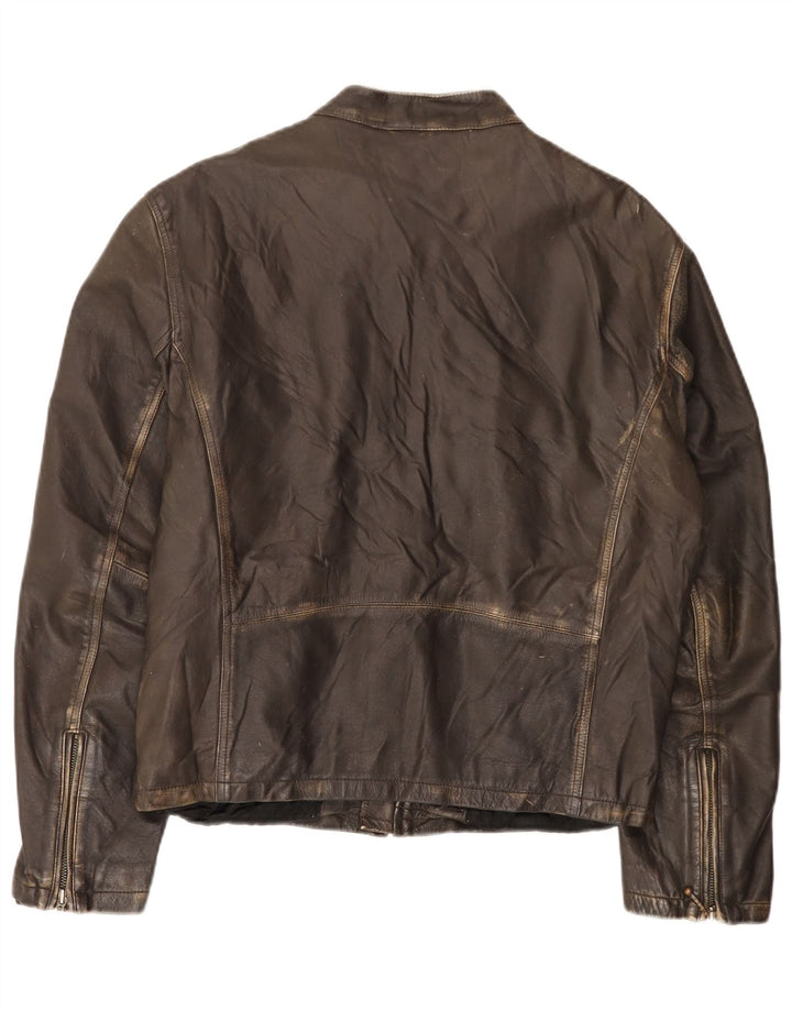 GUESS Mens Leather Racer Jacket UK 40 Large Brown Leather