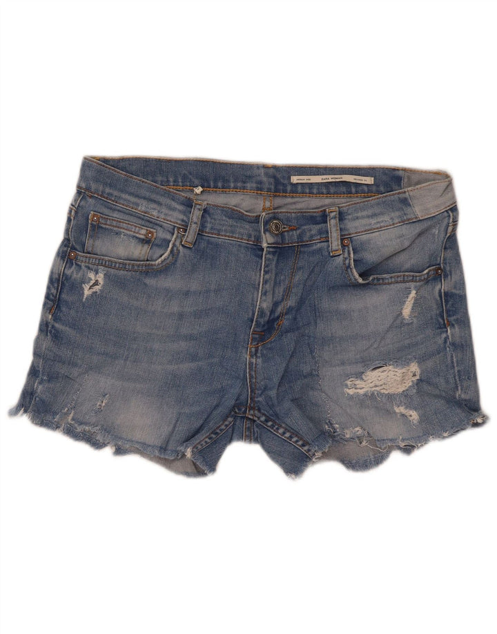 Zara Womens Mid Rise Distressed Relaxed Fit Denim Shorts Medium W30 Blue