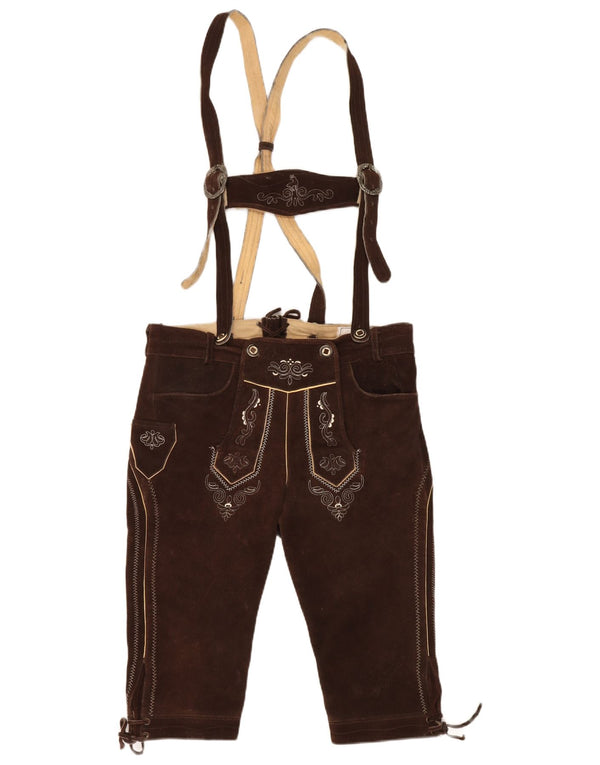 Vintage Womens Suede Dungarees Shorts IT 50 XL W36 Brown Paisley Leather