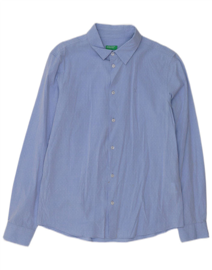 BENETTON Boys Shirt 13-14 Years 3XL Blue Pinstripe Cotton