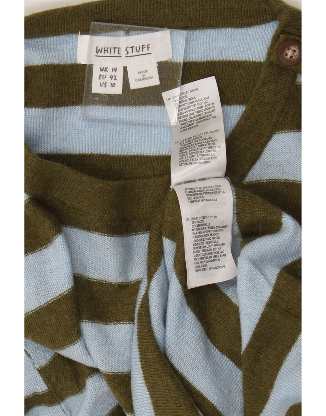 White Stuff Womens Crew Neck Jumper Sweater UK 14 Large Blue Striped Nylon