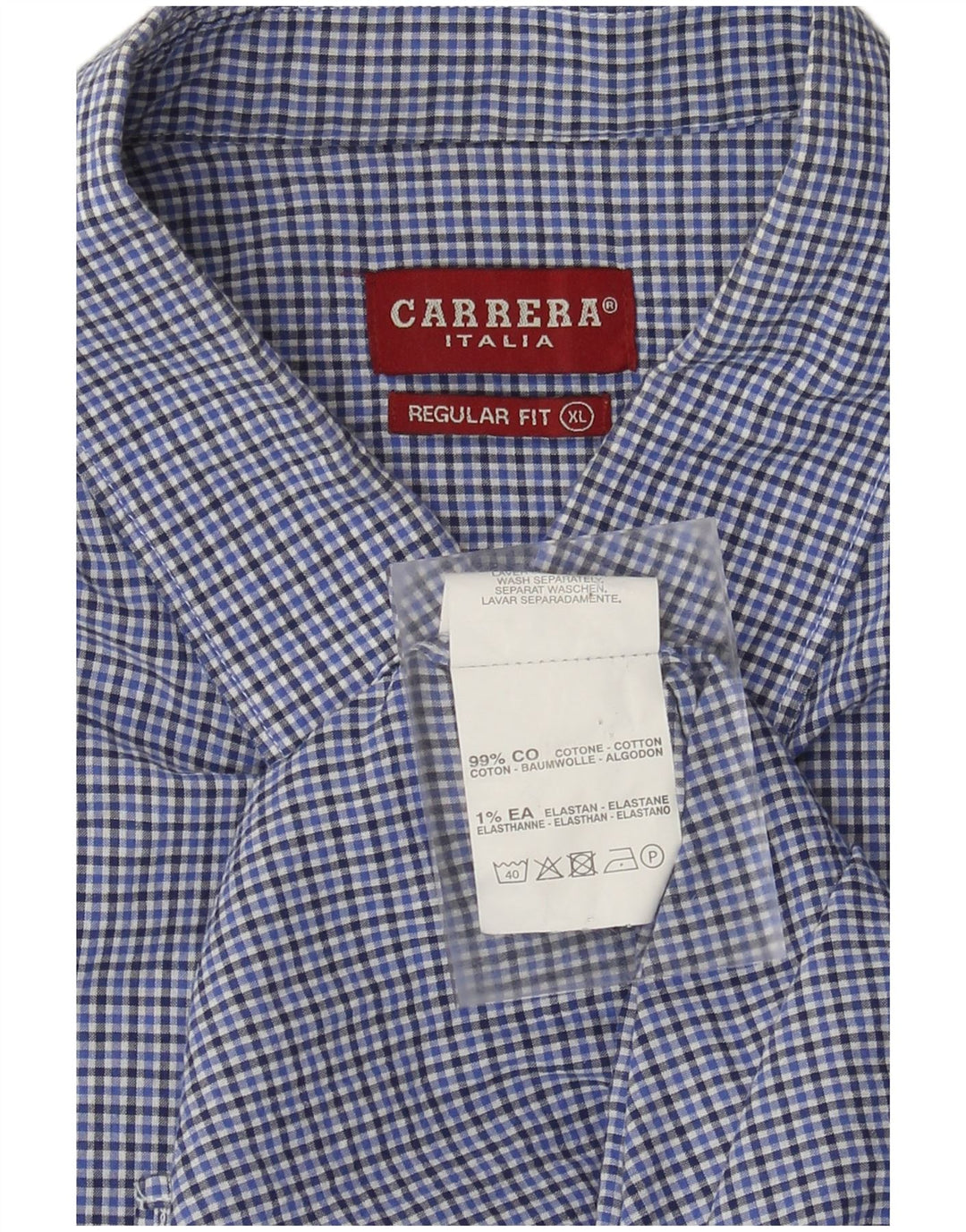 Carrera Mens Short Sleeve Regular Fit Shirt XL Blue Gingham Cotton