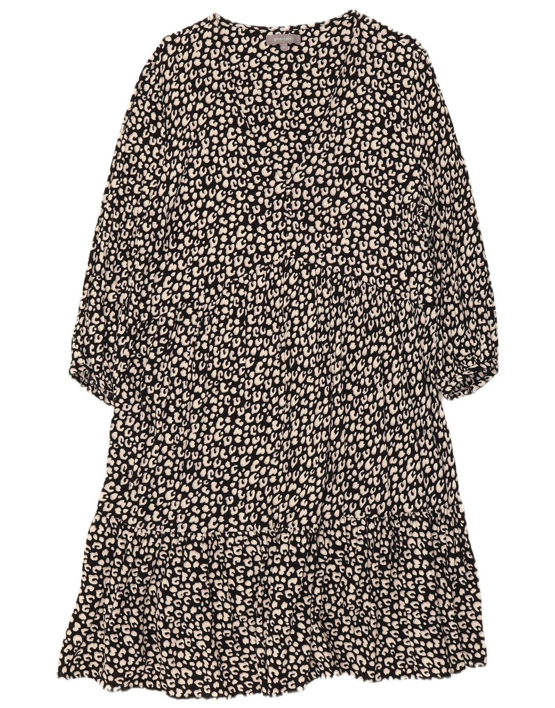 PRINCIPLES Womens 3/4 Sleeve Tiered Dress UK 16 Large Black Animal Print