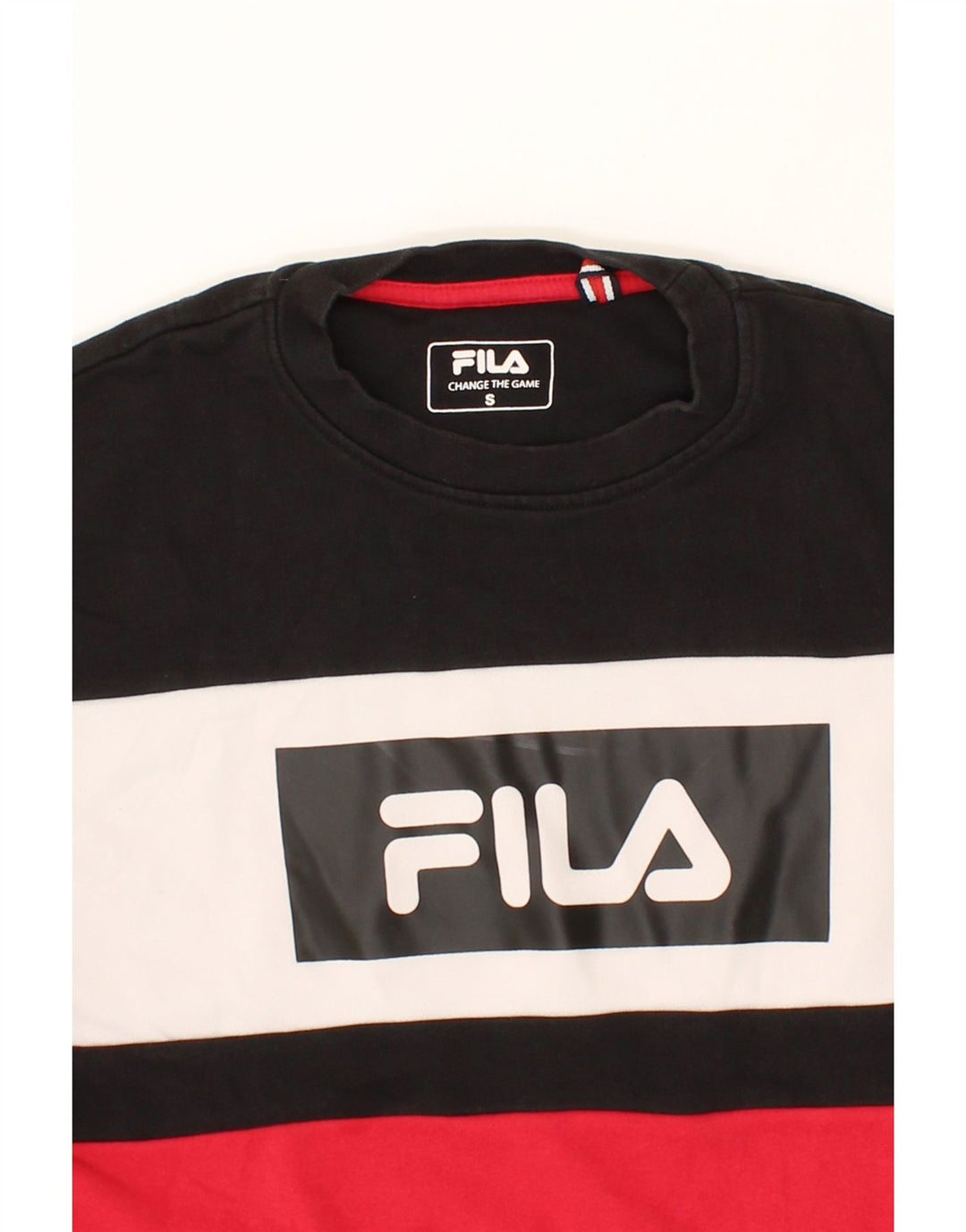 FILA Mens Graphic Sweatshirt Jumper Small Multicoloured Colourblock Cotton Vintage Fila and Second-Hand Fila from Messina Hembry 